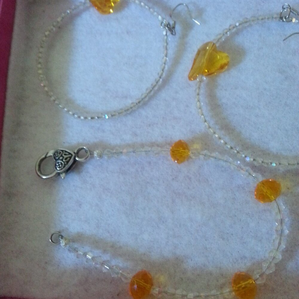 Swarovski Crystal Hand-Made Jewelry set Earring Yellow White Hoop Hear Bracelet.